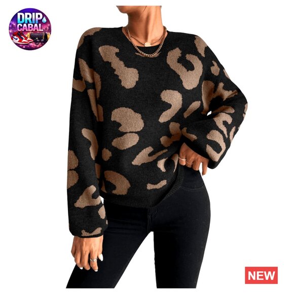 Sweaters - Leopard Print Vintage Knit Pullover Sweater Long Sleeve Crew Neck Casual
